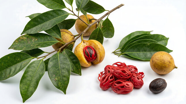 Fresh nutmeg fruit with red mace and seeds on white background, traditional Indonesian spice.