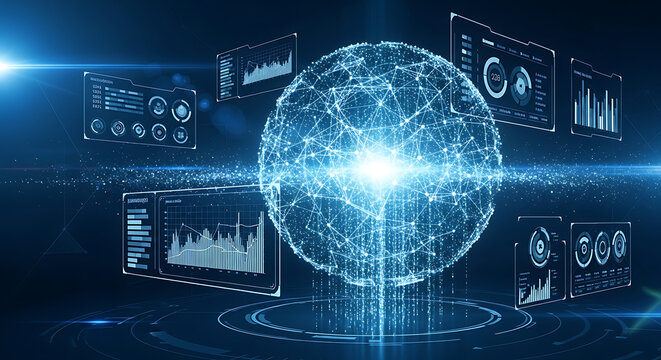 Futuristic digital visualization of complex big data featuring a glowing abstract sphere on a deep blue technological background representing cloud computing, global network connectivity and logic.