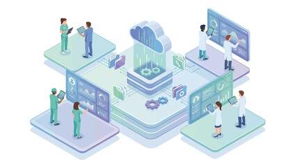 Fototapeta premium Isometric Healthcare Cloud Technology Platform with Medical Team Analyzing Patient Data on Digital Dashboards, SaaS Health Tech Innovation