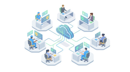 Obraz premium Isometric Healthcare Cloud Computing Network with Medical Professionals Using SaaS Technology Platform for Digital Patient Data Management