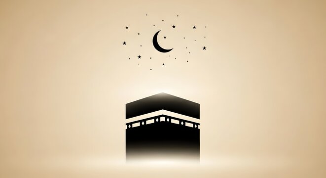A minimalist black silhouette of the kaaba set against a serene beige background with starry night