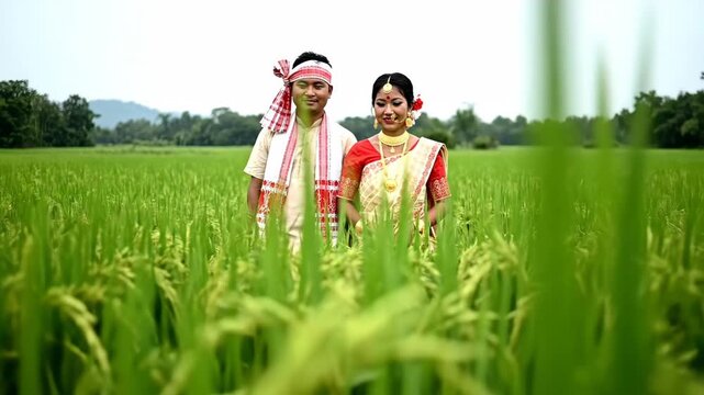 Smiling assamese couple in traditional bihu attire stands in a vibrant green rice field, celebrating rongali bihu.