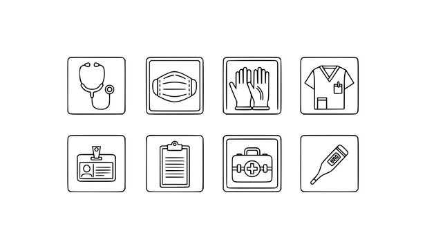 Medical outline icon grid with essential healthcare tools in square frames vector set