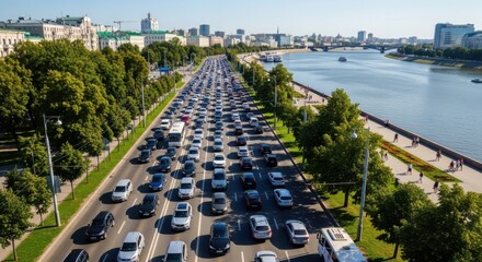 Fototapeta premium Urban Commute Congestion On A Busy City Highway Beside A Wide River