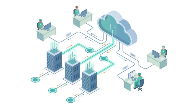 Isometric Healthcare Cloud Computing System with Medical Professionals Accessing Patient Data Through Secure Server Network, Digital Health Technology Infrastructure