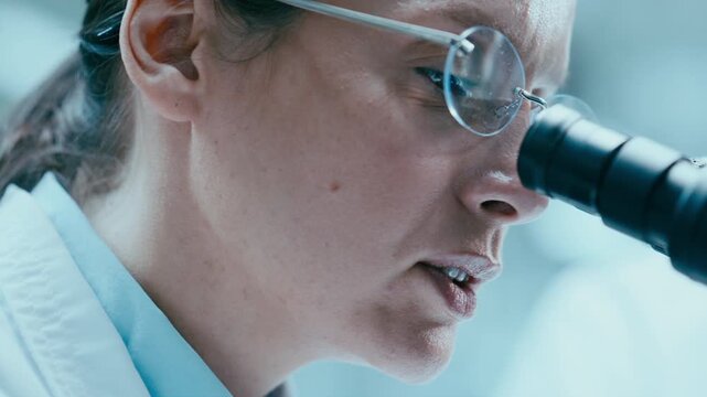Thoughtful female scientist inspecting sample through microscope and talking to laboratory assistant in research center. Close up shot