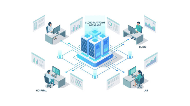 Isometric Healthcare Cloud Platform Database with Medical Professionals Working at Hospital Clinic Lab Connected to Central Server System