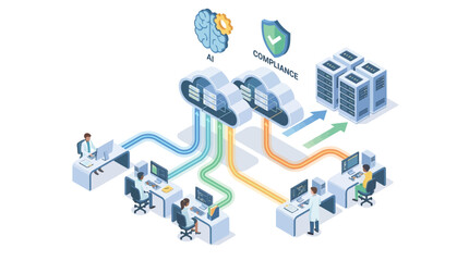 Fototapeta premium Isometric Healthcare SaaS Platform with AI Medical Data Processing, Cloud Compliance Security, and Hospital Team Working on Digital Health Technology System