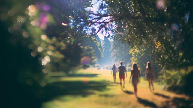 People walk on a path in a green park on a sunny day with trees lining both sides of the walkway in the afternoon