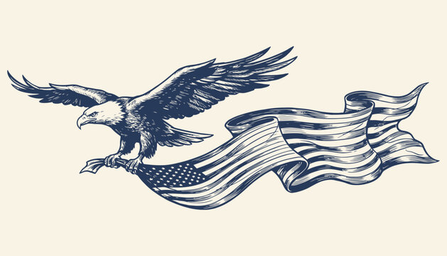 Bald eagle flying with waving national flag engraving style illustration