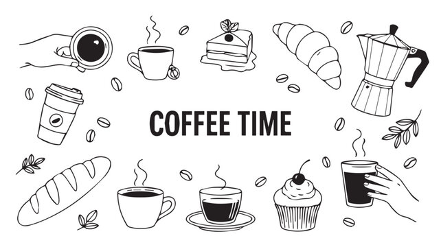 Enjoy a delightful break with this charming black and white line art illustration of coffee, pastries, and baked goods, perfect for your cafe or bakery needs