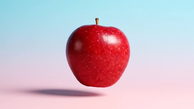 A shiny red apple floats in mid-air on a colorful gradient background with pink and blue hues.