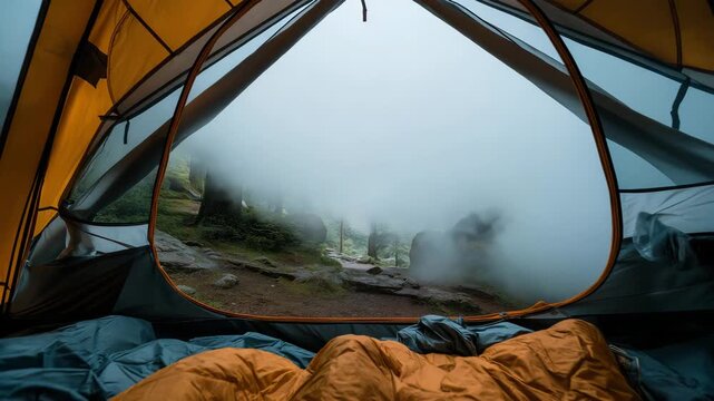 A camping tent in a nature hiking spot (view from inside the tent)