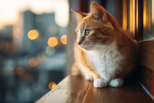 Cat sits on window ledge overlooking city skyline during sunset with warm light illuminating fur