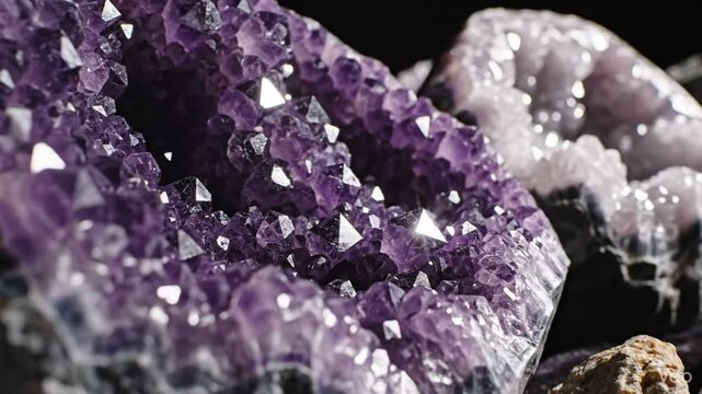 Close-up of sparkling purple amethyst geode crystals on a dark background.