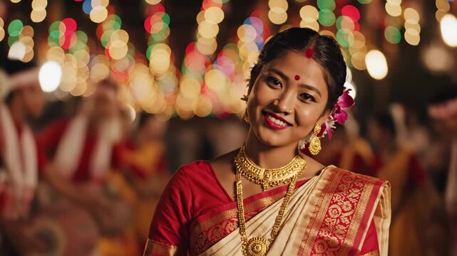 Close-up of a joyful assamese woman in traditional attire, smiling during the vibrant rongali bihu spring festival.