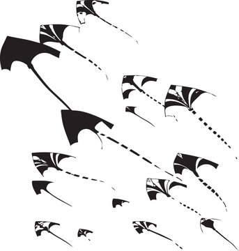 A collection of stylized black and white kites flying in the sky arranged in a dynamic pattern
