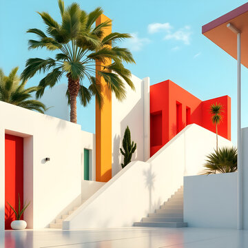 Modern architecture with palm trees and vibrant colors