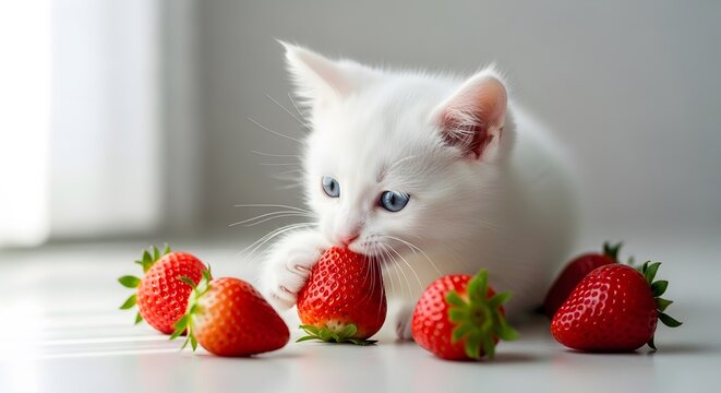 Adorable white kitten with blue eyes curiously sniffing and gently biting a fresh red strawberry