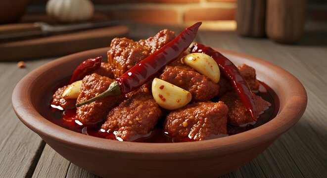 Spicy chicken achaar traditional indian pickle in an earthy terracotta bowl on a rustic wooden table