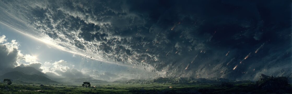 Dramatic sky scene with storm clouds and distant landscape environment