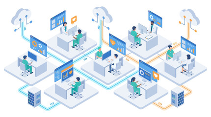 Obraz premium Isometric Healthcare SaaS Platform with Medical Professionals Using Cloud-Based Hospital Management Software for Patient Data Analytics