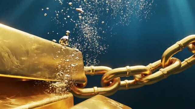 Lustrous Solid Gold Ingots and Heavy Jewelry Chain Sinking Through Deep Blue Water With Effervescent Bubbles and Refracted Light in a High Resolution Cinematic Motion Scene