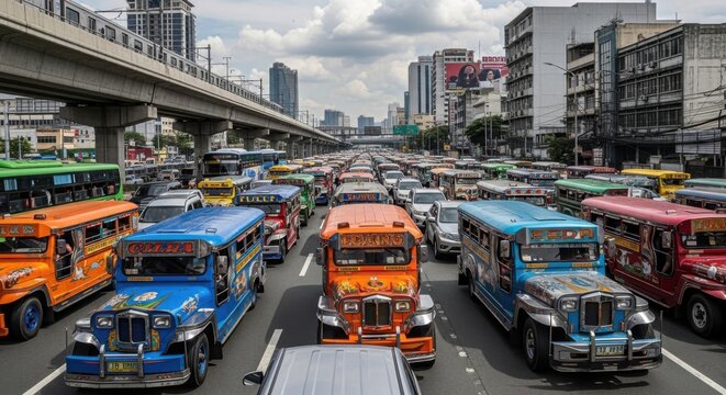 Urban Congestion Displaying Rows Of Colorful Jeepneys Amidst Busy Street Scenes