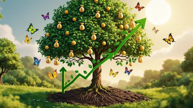 A lush tree with pears and butterflies illustrates growth in a natural landscape scene outdoors.