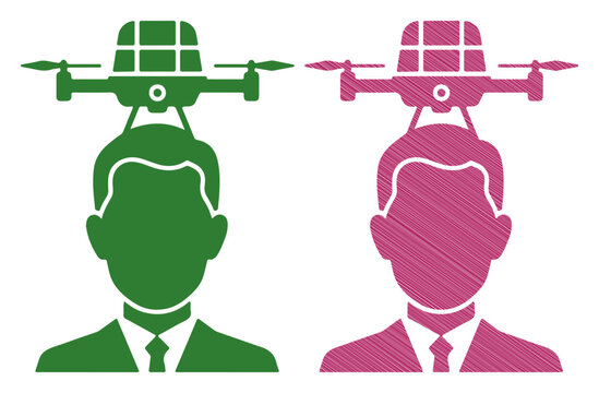 Two stylized heads with drones hovering above, representing technology and innovation