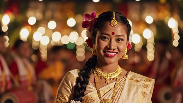 A joyful assamese woman smiles in traditional bihu attire, celebrating rongali bihu with festive bokeh lights.