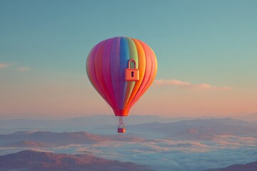 Fototapeta premium A padlock icon on a colorful hot air balloon floating above landscape at sunrise