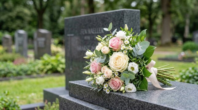 A bouquet of white and pink flowers rests on a gravestone in a serene cemetery. Lush greenery surrounds the area, creating a peaceful atmosphere.