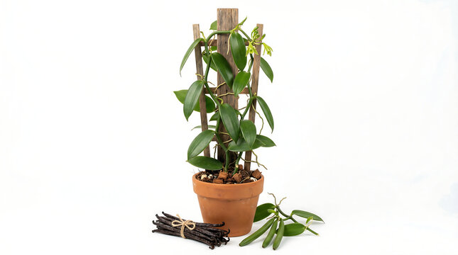 Vanilla planifolia orchid plant in pot with fresh green pods and dried beans bundle on white background.