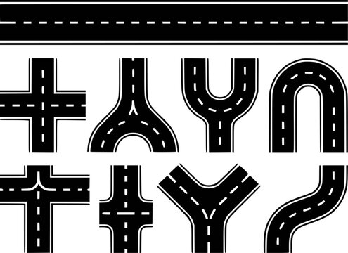 Collection of Black Asphalt Road Sections and Intersections with White Dashed Lines White Background