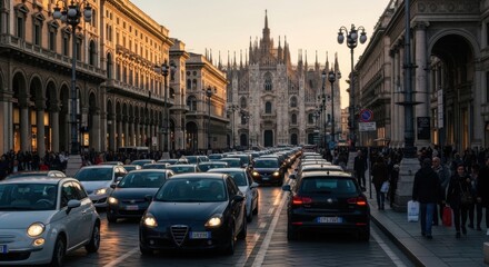 Obraz premium Urban Congestion Meets Iconic Architecture During Golden Hour