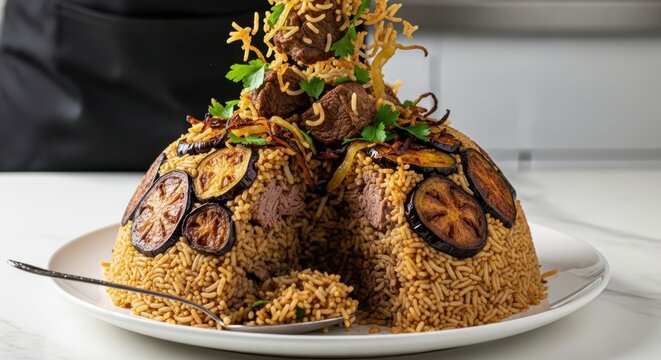 Traditional middle eastern maqluba rice dish with eggplant and meat served on white plate in professional kitchen environment