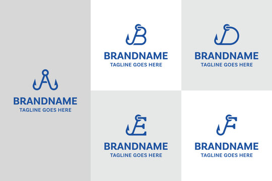 Letter A B D E F Angler Hook Logo, a sharp fishing inspired mark symbolizing precision, patience, and strong capture