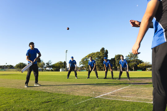 Cricket players are batting with wooden bat and fielding on grass pitch