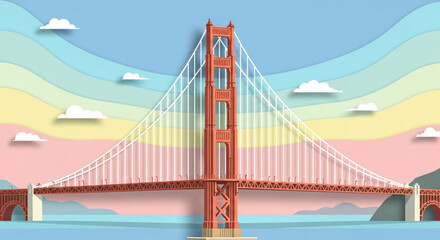 Fototapeta premium A stylized paper cut illustration of a suspension bridge set against a colorful pastel rainbow layered background.