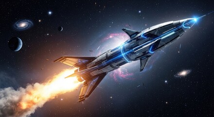 Obraz premium Rocket Ship Soaring Through the Cosmos.