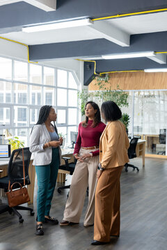 Diverse female coworkers discussing project plans at modern open-plan office using desktop monitors