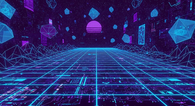 Futuristic metaverse virtual reality environment featuring a glowing blue 3D grid floor, neon digital perspective lines, abstract spatial gaming platform, and high-tech cyberspace.