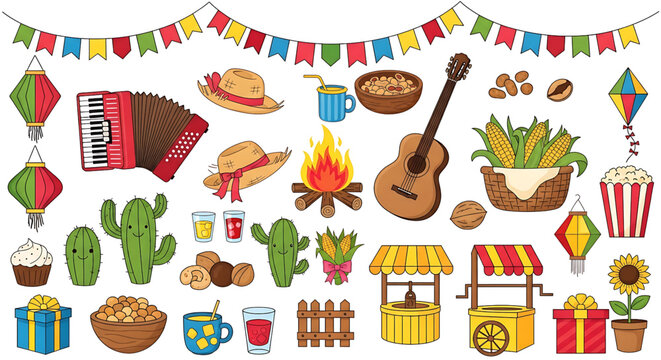 Set of items for Festa Junina and S&atilde;o Jo&atilde;o. Traditional Brazilian festival that takes place in June in Brazil. 
Cartoon-style illustration.