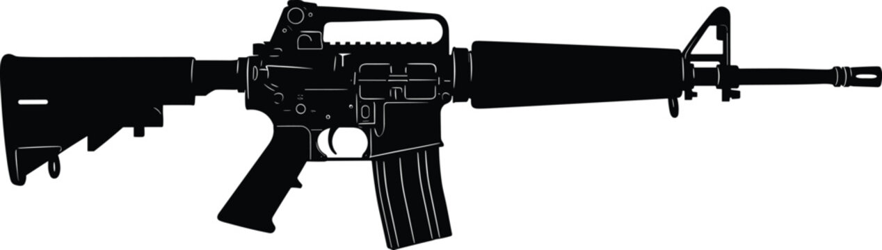 Black silhouette illustration of modern military assault rifle M4 carbine with collapsible stock, pistol grip, magazine, and front sight isolated on white background.