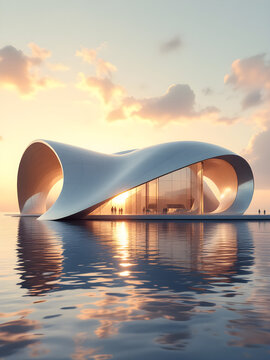 Modern building on water at sunset