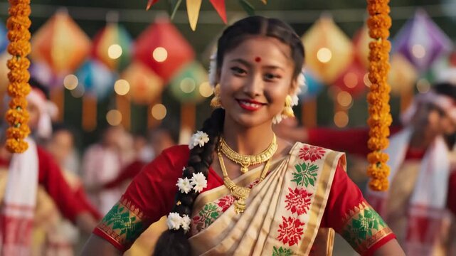 Close-up of a joyful assamese woman in traditional dress celebrating rongali bihu with vibrant colors.