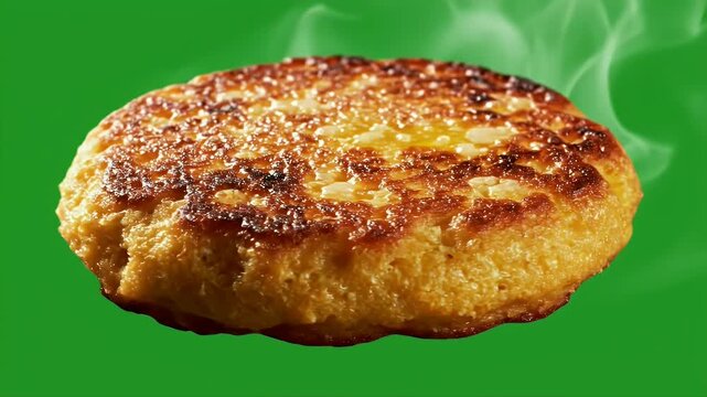 Delicious Golden Brown Arepa Fritter with Steam Rising Isolated on Vibrant Green Screen Background Macro Shot