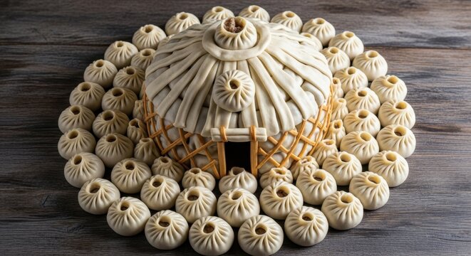 Ornate nomadic tent model constructed from hundreds of steamed dumplings and dough strips on dark wood surface in studio lighting