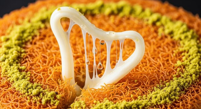 Close-up of kunafa dessert with stretchy cheese dripping from a harp shape, surrounded by pistachios and vermicelli